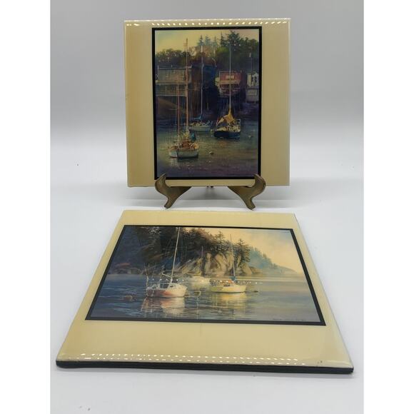 Kiff Holland Clay Glass Trivet Wall Art Sail Boats Lake Cliff Lake House Set 2 - Picture 1 of 9